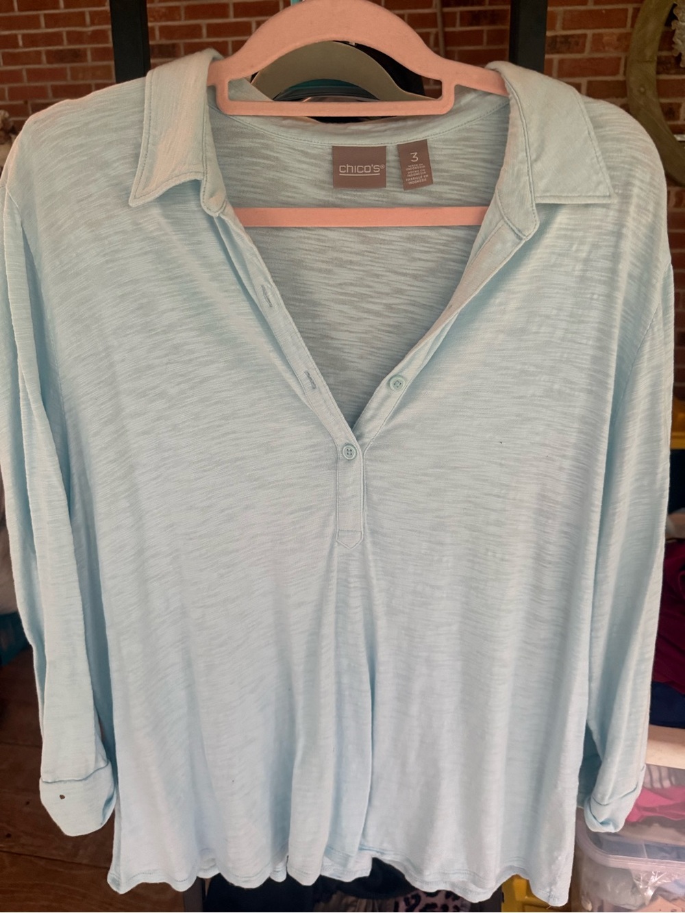Chico's Pale Blue Button-Down Collared Top Quarter Sleeves